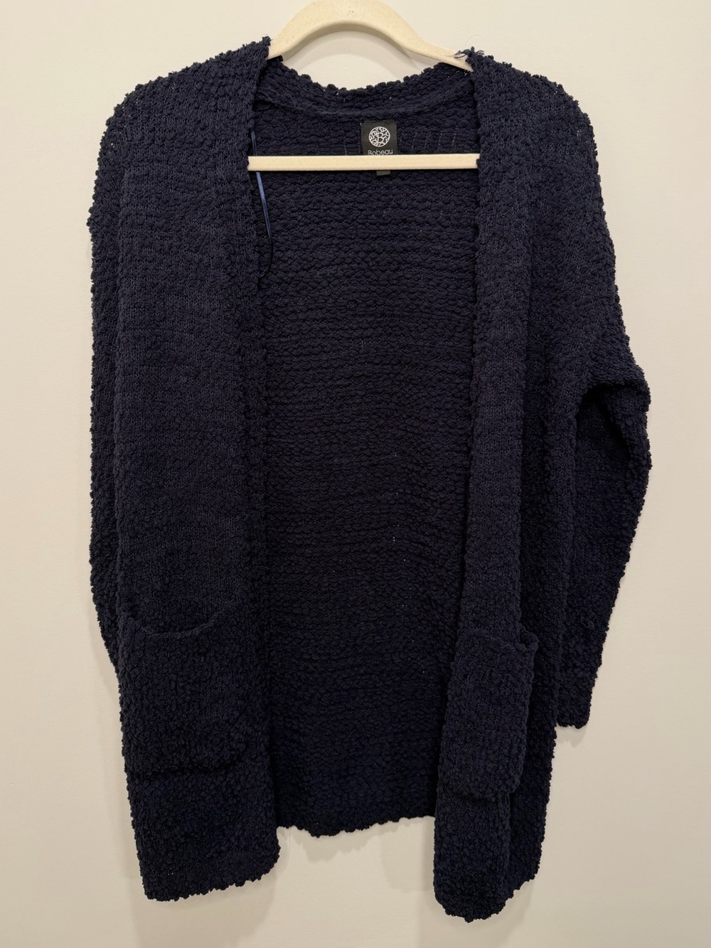 Bobeau Navy Blue Boucle Open Front Cardigan Sweater Womens Size Medium Pockets
